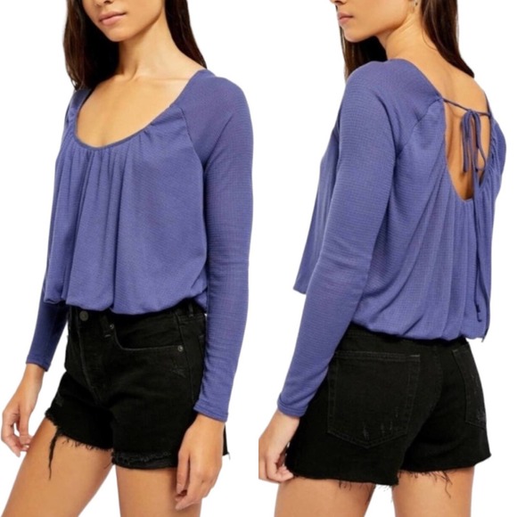 Free People Bondi Long Sleeve cropped Blouson Thermal Top True Blue Women XL NWT - Picture 1 of 13